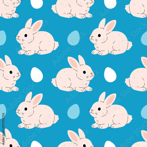 Seamless Easter pattern with cute easter bunnies and easter eggs on colorful background. Spring holiday illustration for wrapping paper, textile, greeting card design.