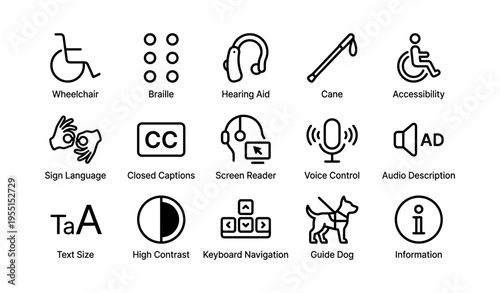 Accessibility icons set featuring wheelchair, braille, hearing aid, cane, and guide dog symbols