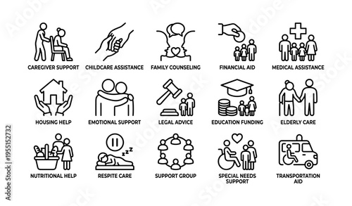 Various support and assistance services icons for families and individuals