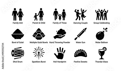 Icons depicting family, celebrations, and holi festival elements