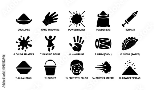 Holi icon set: celebrating with gulal, drums, and sweets