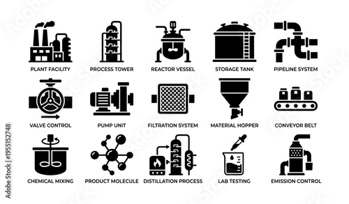 Industrial icons: plant, reactor, storage, pipeline, system hub