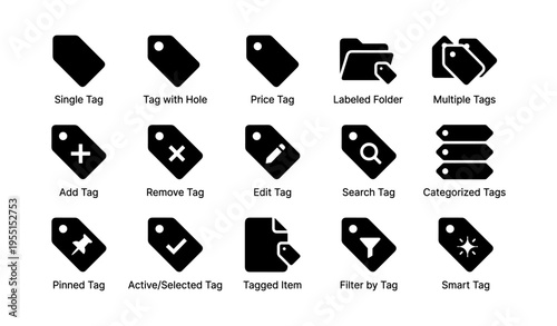 Tag icons collection: add, remove, edit, search, filter, categorize