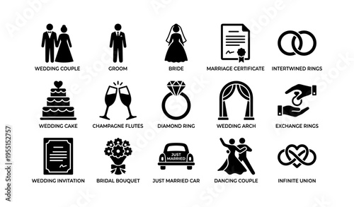 Wedding icons set including couple, rings, bouquet, and just married car