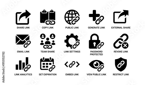 Collection of icons for sharing and managing links in digital communication