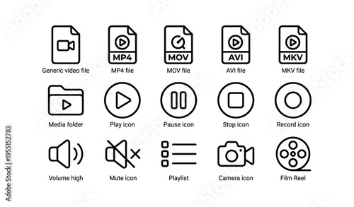 Multimedia icons collection: video formats, media controls, and camera symbols