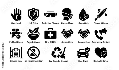 Safety symbols for holi festival: icons of protection, health, and celebration