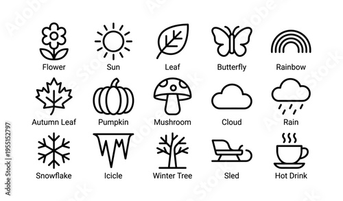 Simple black line icons representing nature and weather elements