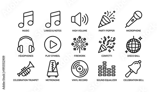 Music and celebration icon set: notes, instruments, party symbols, and more