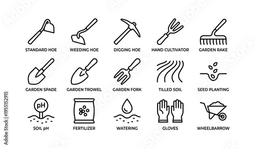 Garden tools and activities icons: hoe, rake, trowel, seed, watering, gloves, wheelbarrow