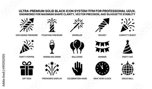 Collection of celebratory icons for fireworks, balloons, and party items