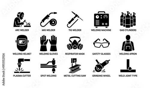 Overview of welding tools and safety equipment icons collection