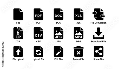 Set of common file type icons and functions in black and white