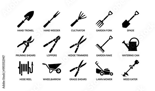 Gardening tools collection: hand trowel, cultivator, pruning shears, lawn mower, watering can