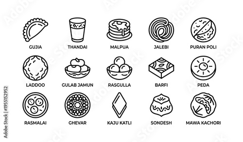 Traditional indian sweets icons: gujia, malpua, jalebi, and more