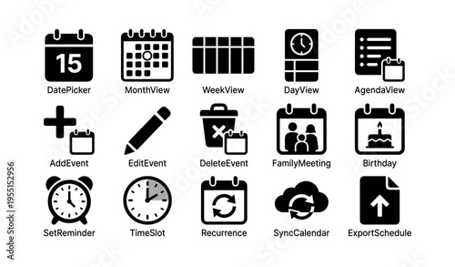 Calendar icons for events and scheduling with date, time, and reminder features
