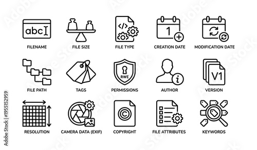File management icons: metadata, permissions, attributes, keywords, resolution, copyright