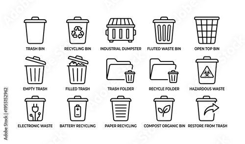 Trash and recycling icons: waste management symbols for organization