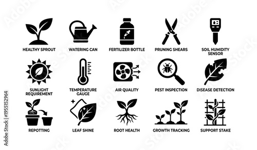 Gardening tools and plant care icons: sprout, watering can, fertilizer, pruning shears, humidity sensor