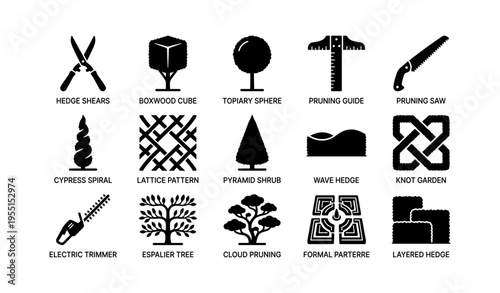 Garden design tools and patterns: pruning, trimming, espalier, parterre, boxwood, cypress