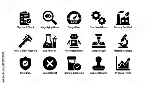 Industrial quality control icons with various tools and certifications