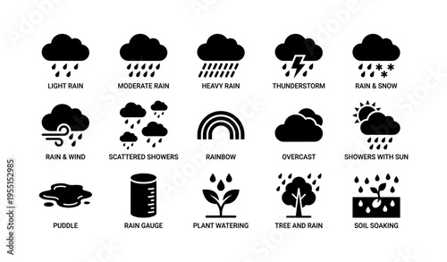 Weather icons set: rain, thunderstorms, snow, wind, rainbow, overcast, gardening tools