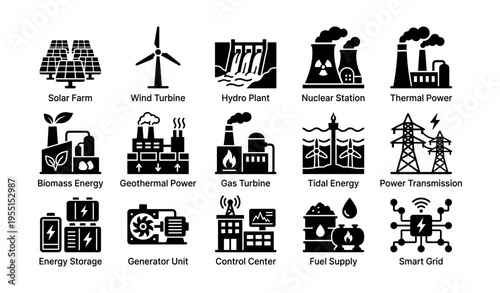 Icons representing various renewable and non-renewable energy sources and technologies