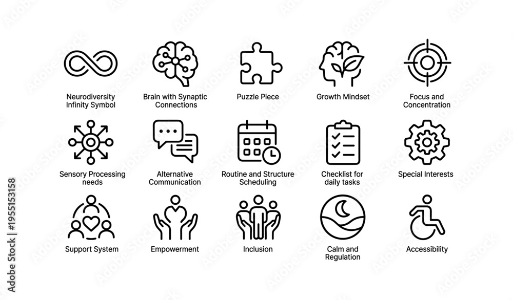 Fototapeta premium Icons representing neurodiversity and related concepts