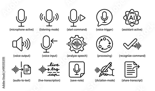 Voice technology icons: microphone, speech analysis, commands, audio input/output