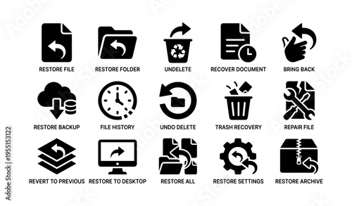 File management icons: restore, backup, undo, repair, archive functions