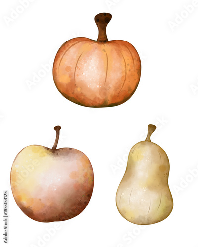 Watercolor illustration set with pumpkin, apple, and pear isolated on a white background. Soft autumn harvest clipart ideal for seasonal decor, Thanksgiving designs, nursery art, and printable project