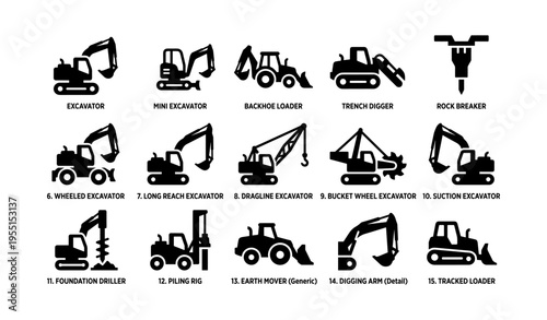 Illustrated construction machinery icons featuring excavators and loaders