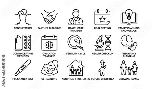Healthcare and family planning icons: consultation, health checkup, future child ideas