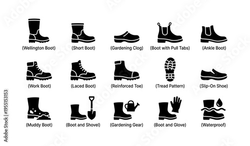 Variety of boot designs and gardening gear icons in black silhouette