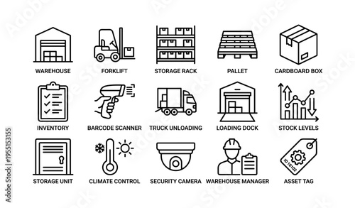 Warehouse logistics icons: forklift, storage, pallet, inventory, security