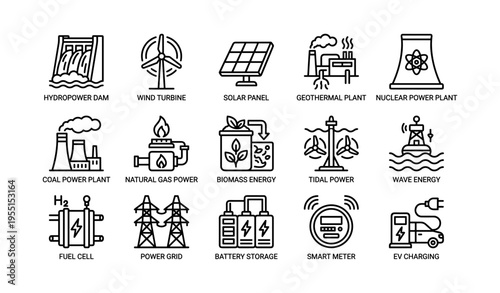 Renewable and non-renewable energy icons: solar, wind, nuclear, geothermal, biomass, coal