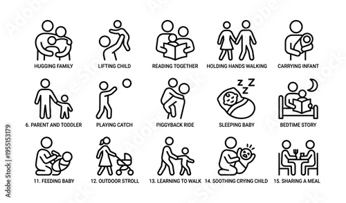 Set of 15 family activities icons depicting parenting and childcare moments