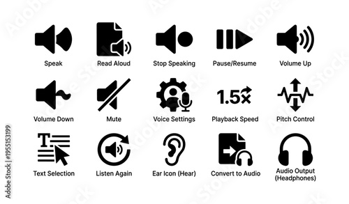 Audio control icons: speaker, mute, volume, headphones, playback speed