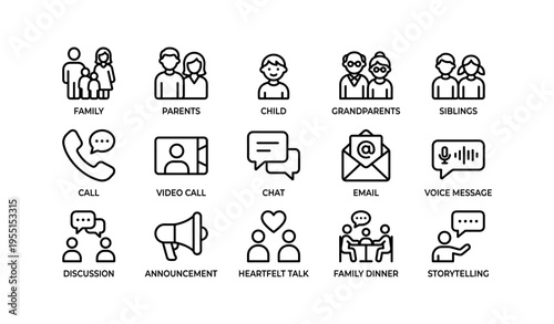 Family communication icons: parents, child, grandparents, siblings, call, video, chat