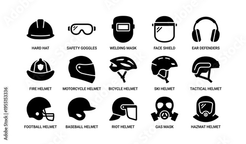 Protective headgear and safety equipment icons collection