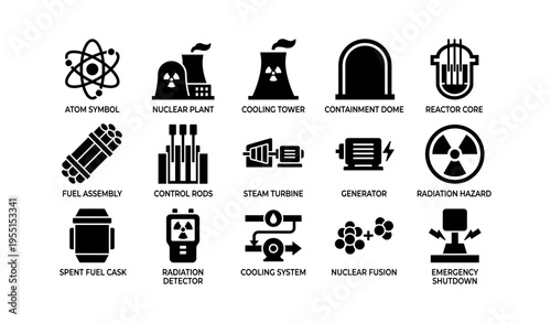 Nuclear power plant icons: atom, reactor, radiation hazard, cooling tower, generator