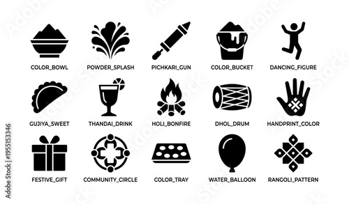 Celebratory holi icons set with traditional indian symbols and festive elements