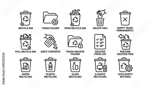 Recycling and trash management icons set illustrating various waste handling options