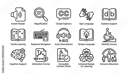 Inclusive accessibility icons featuring tools for enhanced learning and support
