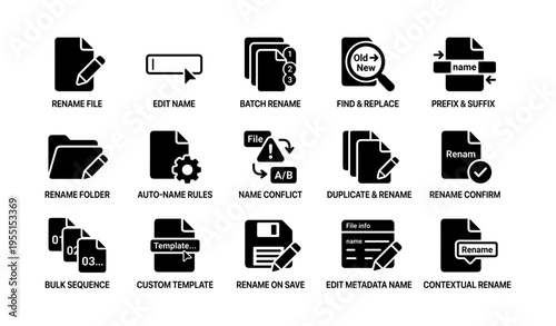 File management icons: rename, edit, batch, duplicate, metadata