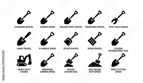 Various shovel types: standard, garden, snow, trenching, post hole, root cutting, heavy duty