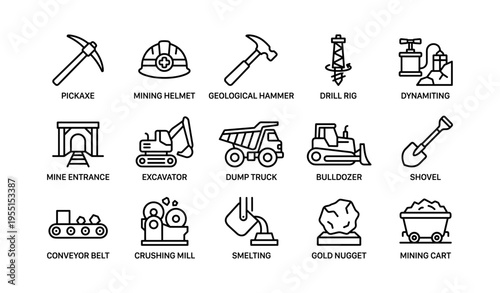 Mining equipment icons collection: pickaxe, excavator, bulldozer, and more