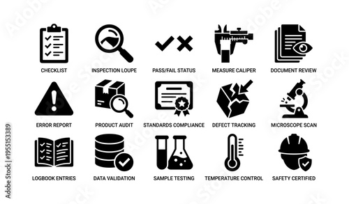 Quality control icons: checklist, inspection, caliper, document review, safety