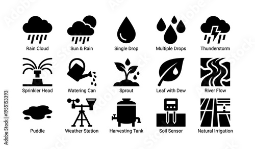 Weather and agriculture icons: clouds, rain, irrigation, sprout, sensor