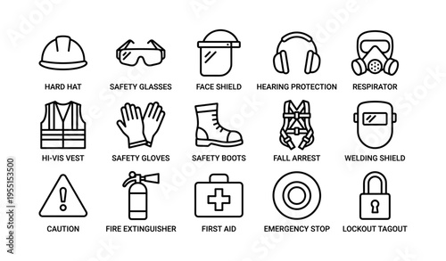 Safety equipment icons: hard hat, glasses, gloves, boots, vest, respirator, ear protection